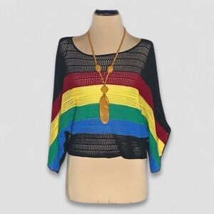 Vintage 80s Crochet Colorblock Cropped Top Black Medium